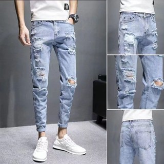 牛仔長褲 牛仔褲 小腳褲 破洞牛仔褲👖👖破洞男士休閒乞丐潮牌青年長褲 破洞 補丁 長褲 丹寧褲 九分牛仔褲 淺色牛仔褲