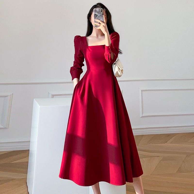 Anna's 氣質女神範紅色洋裝女 法式復古赫本風收腰顯瘦紅色禮服平時可穿裙子 新年服飾