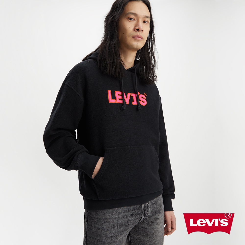 Levis 寬鬆版重磅口袋帽T/精工刺繡徽章海報體Logo/400G厚棉 海洋藍 男款 38479-0249 熱賣單品