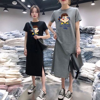 復古小香風長版開叉旗袍洋裝氣質性感子休閒百搭長裙 韓系不二家印花短袖T恤裙寬鬆顯瘦大尺碼長版上衣服