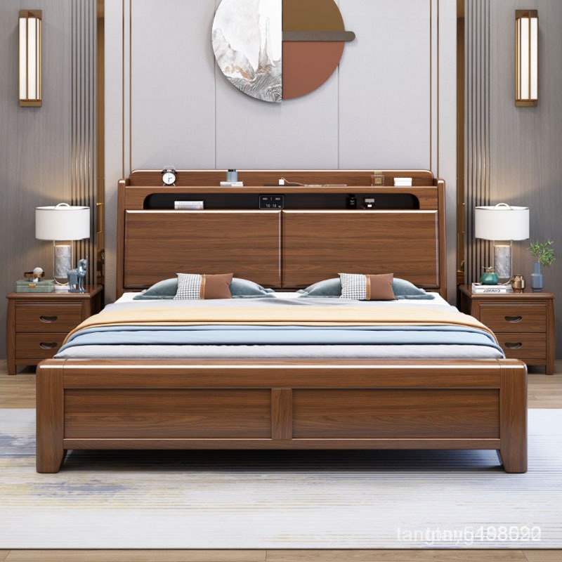 中式衚桃木現代簡約雙人床輕奢1.8大床1.5米主臥室儲物高箱實木床 高腳床 鐵床架 雙層床 上下床 儲物多功能床架 70