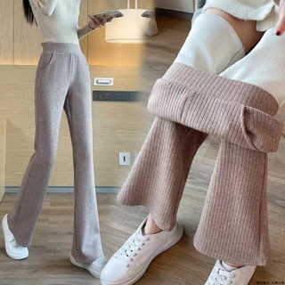 麗莎-大碼女裝 長褲女 休閒褲女加絨加厚微喇叭闊腿褲女秋冬新款高腰修身顯瘦保暖百搭直筒休閑褲