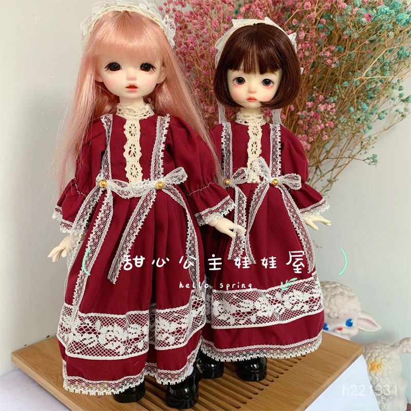 日常免運【bjd 6分娃衣】『氣質酒紅色洛麗塔』bjd6分娃娃衣服 長裙蕾絲花邊娃裙30釐米娃娃 MJNH