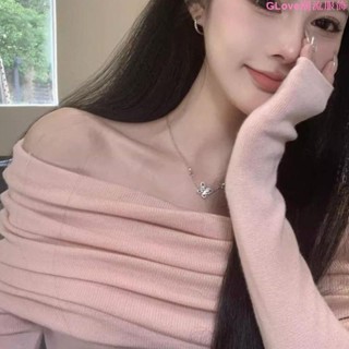 別致一字肩針織衫女秋冬小眾修身長袖顯瘦辣妹露肩鎖骨打底衫上衣一字領 長袖t恤 女裝 一字肩 顯瘦上衣 素t 素色