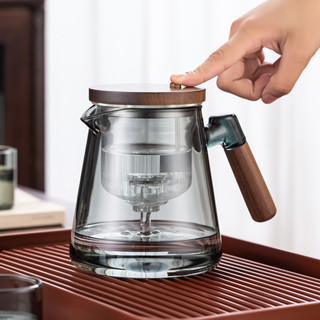 飄逸 玻璃 內膽 胡桃木 把手 一鍵 過濾 茶水 分離 按壓式 沖 茶壺 木製 茶壺 防燙設計
