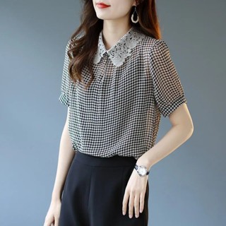 【時美時尚女裝】襯衫女 大尺碼女裝 上衣女 千鳥格蕾絲拼接雪紡衫 格子上衣 短袖襯衫 顯瘦上衣女 Polo衫 韓版上衣