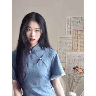 【高品質】改良式旗袍 名媛風 夏季新式藍色旗袍中長款 蝕骨改良少女年輕款高階氣質老上海旗袍 洋裝