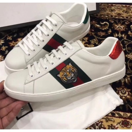 GUCCI ACE系列 Embroidered Low-Top 老虎頭圖文 綠紅織帶 小白鞋 457132