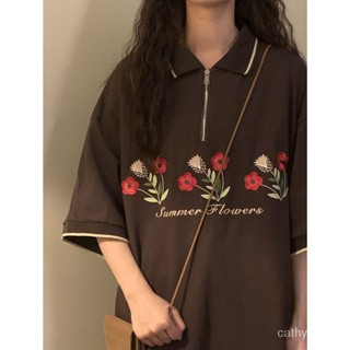 ✨新品特價✨大碼短袖polo領T恤女美式複古半拉鏈polo衫女胖夏季大碼300斤寬鬆刺繡短袖T恤上衣bf EM7E