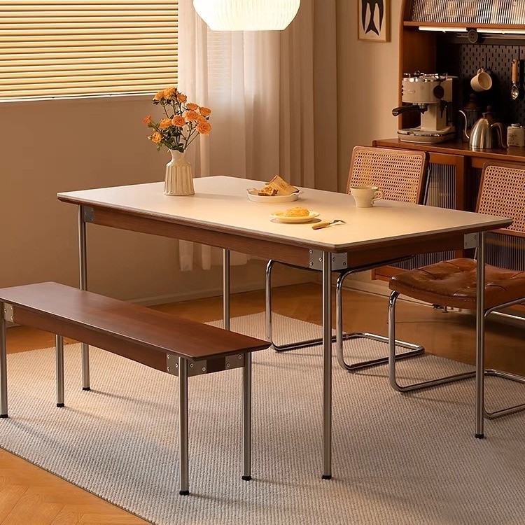 【免運】北歐複古風實木岩板餐桌 現代簡約小戶型傢用餐廳長方型喫飯餐桌椅