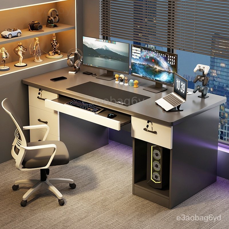 （新品下殺） 電腦桌 臺式辦公桌 傢用抽屜帶鎖書桌 臥室寫字桌 帶主機位鍵盤位桌子
