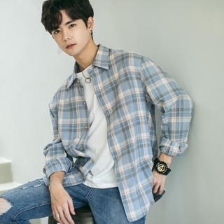 襯衫 上衣 襯衫男秋季長袖格子襯衫男純棉韓版寬鬆衣服學生潮流帥氣港風休閒青少年