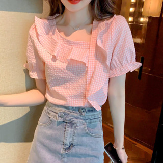 3XL大尺碼夏季短袖上衣女 V領襯衫女 很仙的雪紡襯衫T恤女裝夏裝2022年新款潮夏季薄款短袖上衣設