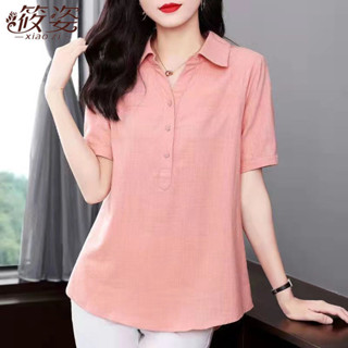 優品 春夏短袖上衣女POLO衫女棉麻短袖T恤女夏季新款時尚氣質寬鬆大碼遮肚子顯瘦棉麻襯衣 亞麻女裝 大尺碼女裝 夏季女裝