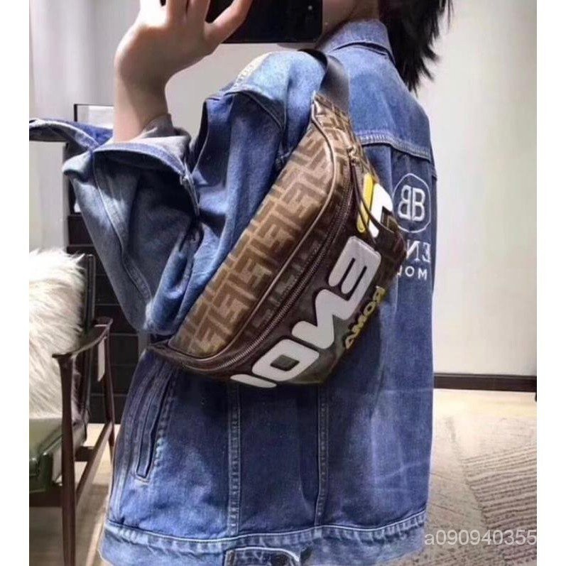 正品二手 FENDI FILA Mania logo FF 皮革 腰包 胸口包 棕色 黃色 藍色 蔡依林