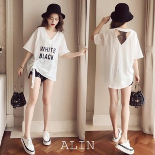 ALIN M-4XL 大尺碼T恤 夏季新款大碼女裝寬松短袖潮T小心機蕾絲藏肉v領遮肉T恤