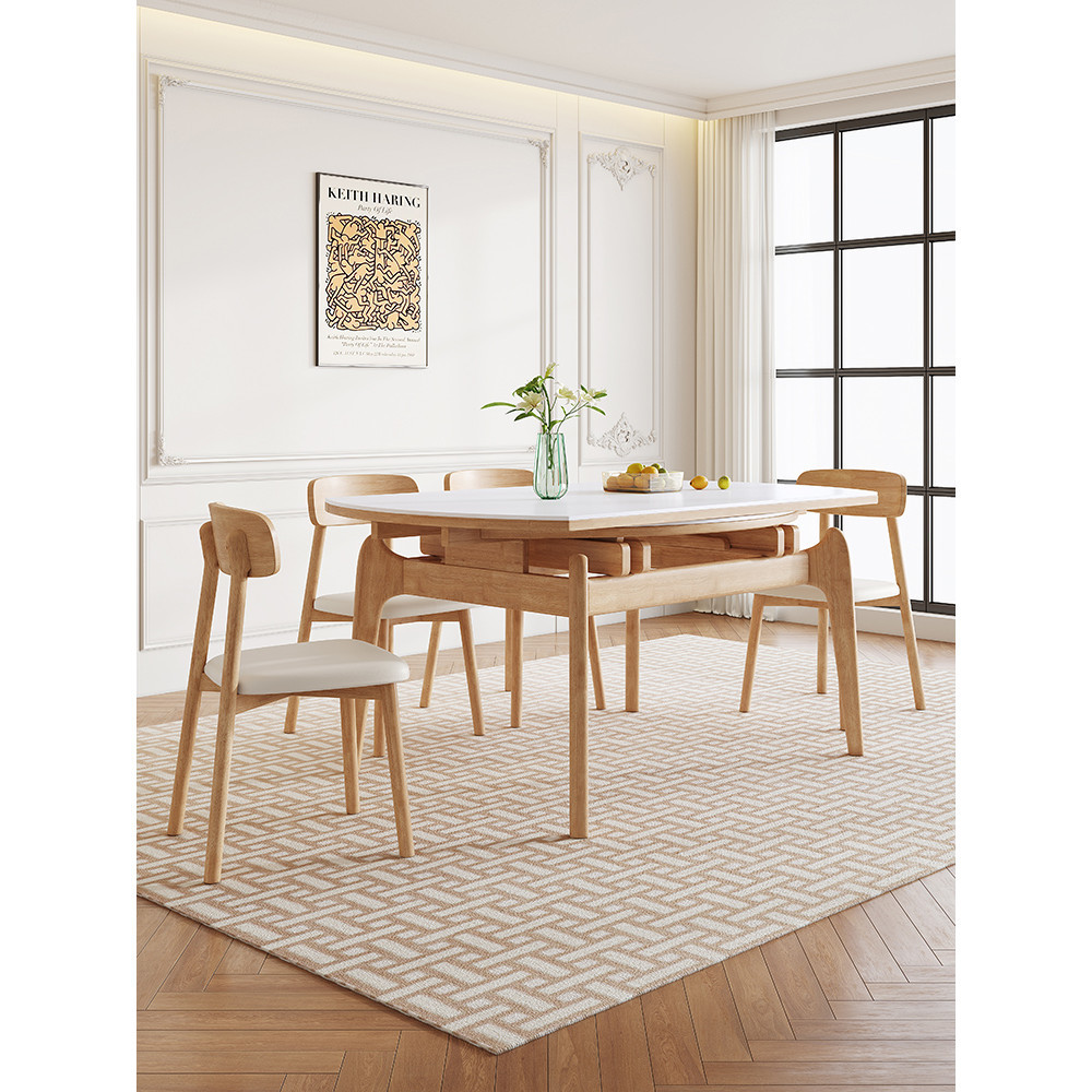 折叠餐桌 原木簡約巖板伸縮餐桌椅組合北歐小戶型家用可折疊實木圓形飯桌