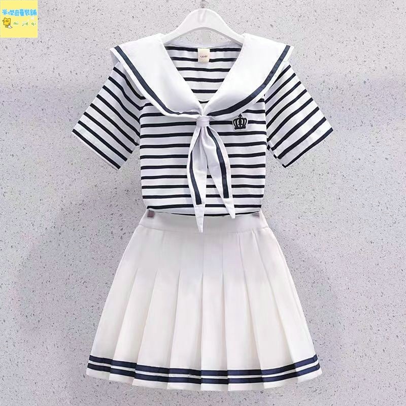 兒童套裝 學院風套裝 女童套裝 夏季韓版中大童海軍領條紋短袖 上衣百褶裙 學院風兩件套