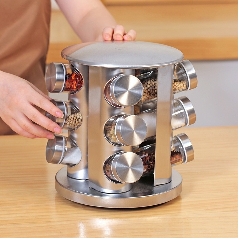 新款調料罐廚房用品不鏽鋼玻璃旋轉調料罐套裝調味罐