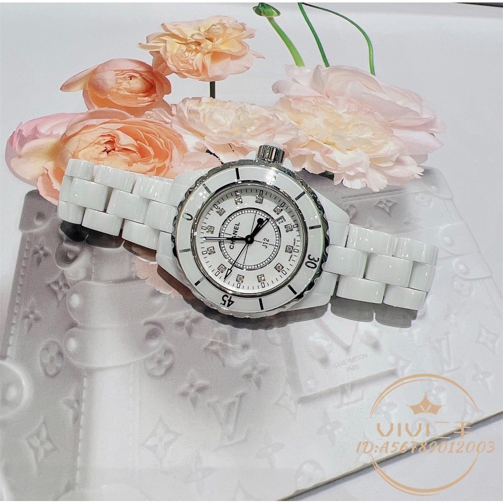 二手CHANEL 香奈兒 J12 系列 白陶瓷 刻度帶鑽 腕錶/石英錶 女士/手錶 33mm 現貨 免運