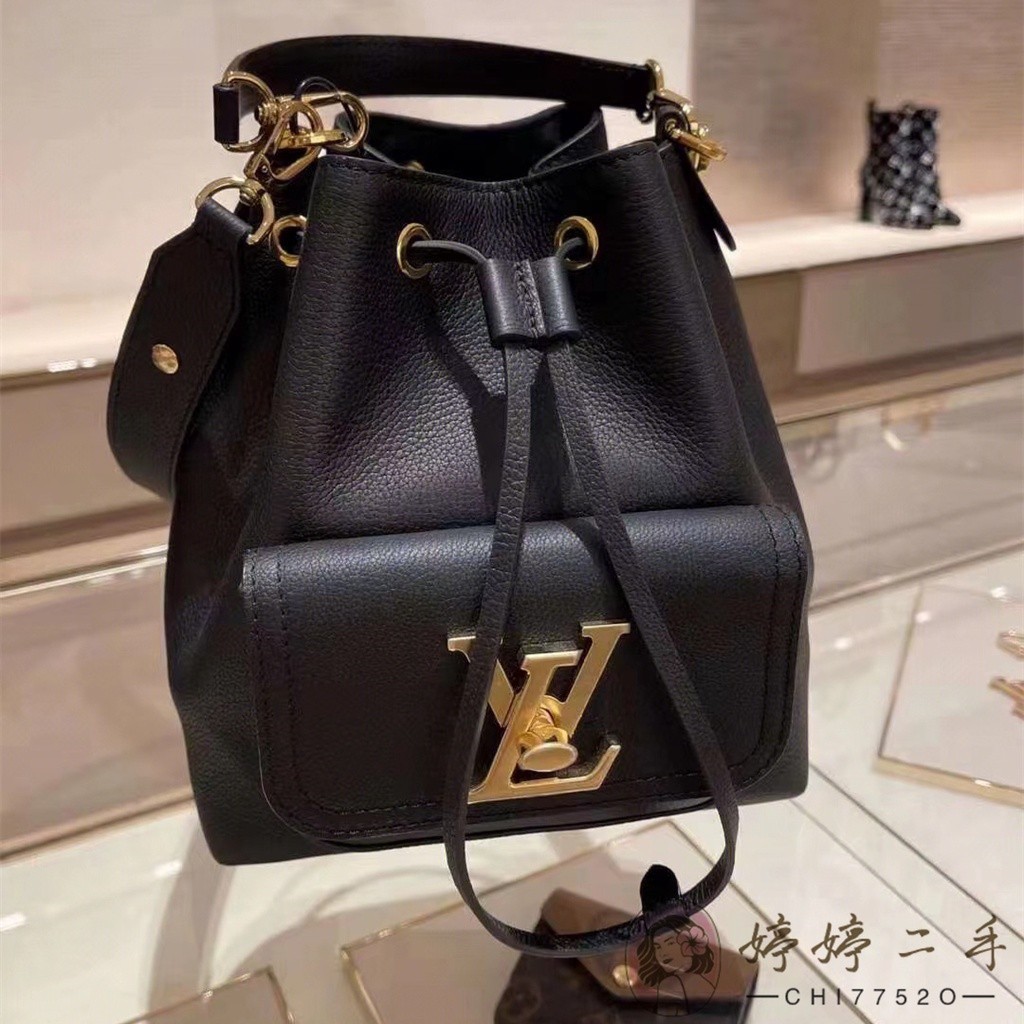 【二手】LV 路易威登 LOCKME Bucket 粒面小牛皮 束口水桶包 單肩包 斜挎包 M57687 女款 黑色