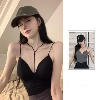【Free Girl】甜辣吊帶背心修身交叉帶胸墊美背內搭短款辣妹裝上衣女 性感上衣 外穿上衣 打底衫 吊帶背心 辣妹內衣