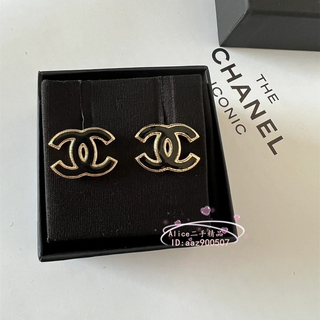 二手正品 CHANEL 香奈兒 經典雙C耳釘 黑色/白色 金邊琺瑯耳釘 耳環 AB8672 現貨免運