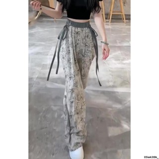 新春爆款❥❥國風闊腿褲女夏2023新款薄款冰絲休閑飄帶設計感高腰直通長褲MB