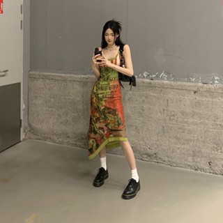 【Free Girl】新款高階性感純慾複古不規則裙擺中款吊帶連衣裙長裙 A字裙 連身裙 性感連衣裙 包臀長裙 吊帶裙