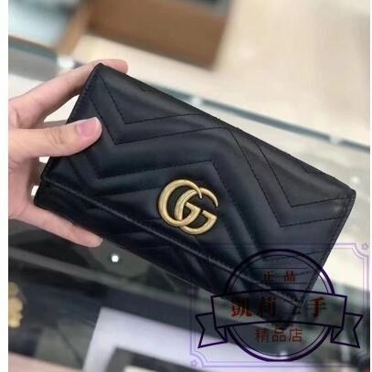 二手 Gucci 古馳 GG Marmont 443436 翻蓋按扣長夾 皮夾 錢夾 長款錢包 手拿包 皮夾 卡夾