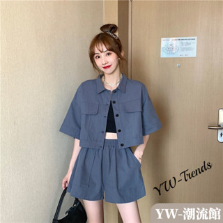 【YW】休閒工裝套裝女 韓版洋氣夏季套裝 百搭時尚女生套裝 短版上衣+闊腿短褲套裝 大尺碼短袖套裝 女裝