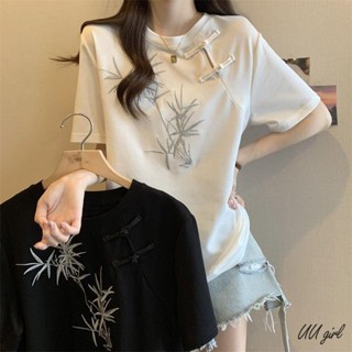 UU 新中式國風竹子刺繡盤扣短袖T恤女夏季2024新款寬松顯瘦大尺碼上衣 t恤女 短袖上衣女