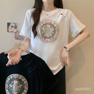 【胖丫女裝】大尺碼女裝 女裝 短袖 T恤中國風範國潮短袖T恤女夏季新款獨特設計感立體裝飾大碼中式上衣