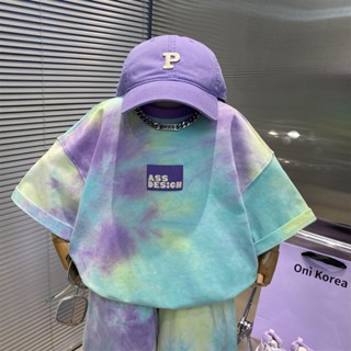 💕洋洋兒童店💕 男童短袖上衣 兒童短袖 純棉夏季新款卡通帥氣中小兒童男寶寶紮染短袖T恤+褲子兩件套 男童T恤 男童套裝