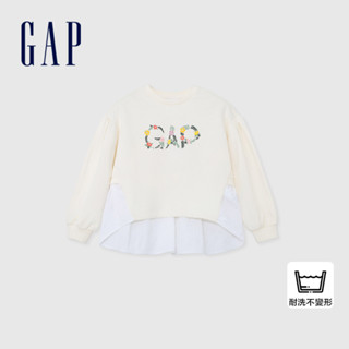 Gap 女童裝 Logo印花假兩件圓領長袖上衣-奶白色(890218)