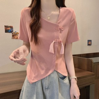 臺灣出貨M-4XL夏季大碼短袖T恤女 胖MM遮肚顯瘦上衣 設計感不規則正肩上衣 新中式盤扣短袖上衣 韓版上衣 大尺碼上衣