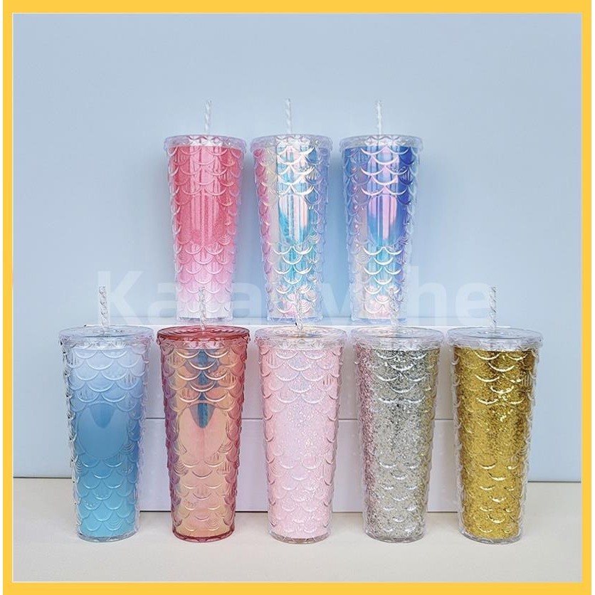 Kala 爆款 魚鱗杯 Studded雙層塑膠杯 美人魚 鑽石杯 吸管杯 710ml 水杯