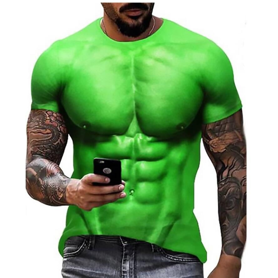 【酷帥潮男】短袖 T恤 上衣 搞怪 創意 搞怪3D印花圖案體恤綠色肌肉創意小眾設計感男士短袖休閑寬松
