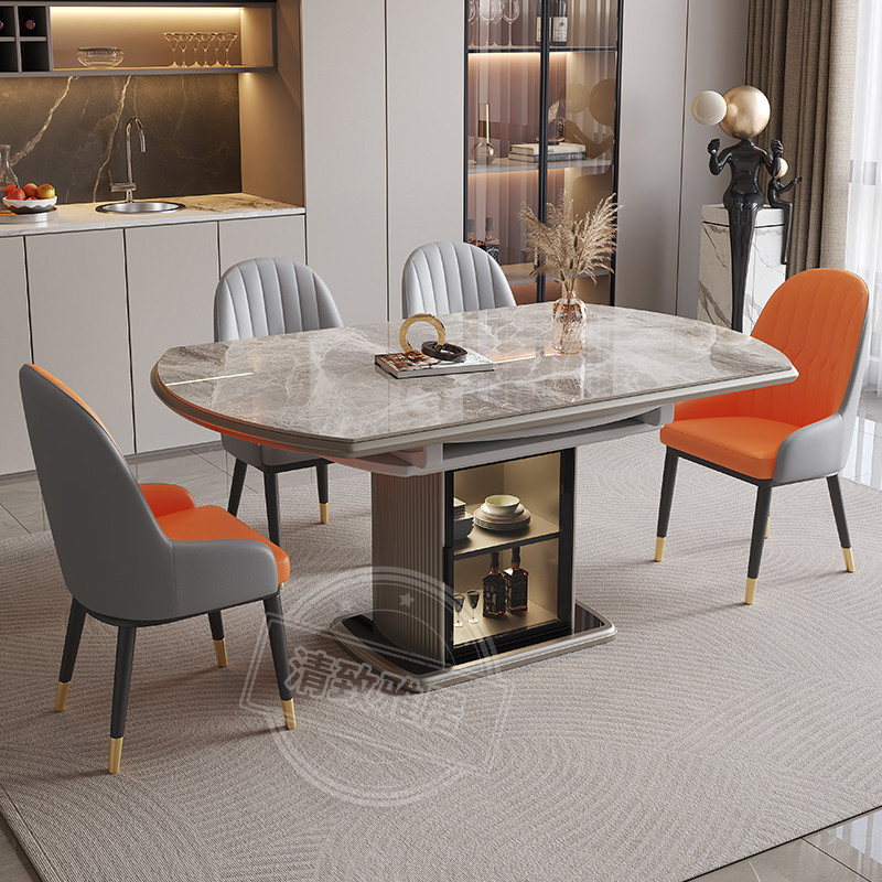 熱銷 岩板实木餐桌现代简约可伸缩轻奢家用小户型圆形椅组合电磁炉饭桌