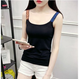 大碼背心 吊帶 上衣 打底衫💟黑色網紅爆款女士背心內穿夏季無袖t恤打底衫純色字母肩帶上衣潮