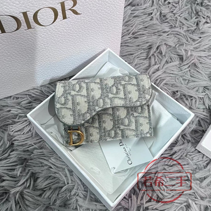 二手 DIOR 迪奧 Oblique 印花 灰色 馬鞍卡包 LOTUS 按扣口蓋錢包 卡包 零錢包S5611CTZQ