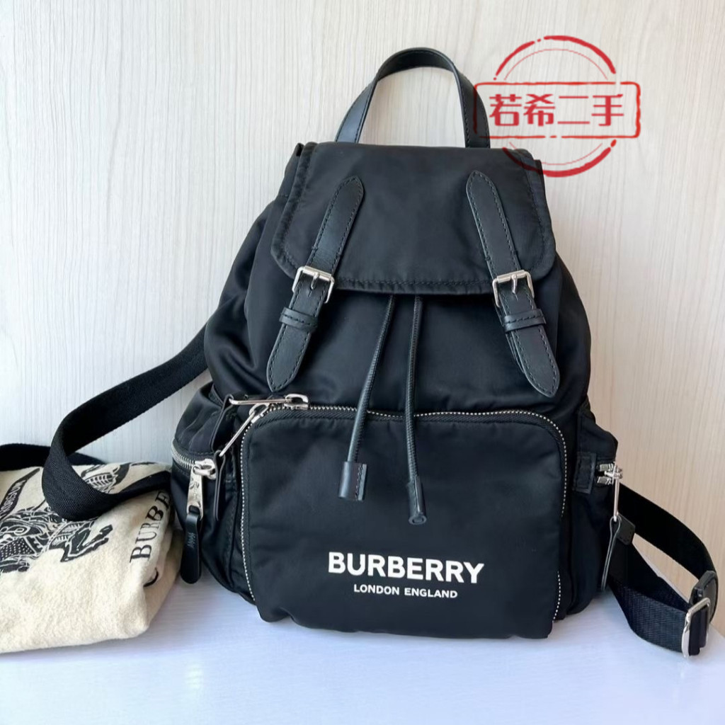 二手 Burberry 博柏利 The Rucksack 中號 黑色字母尼龍 後背包 雙肩包 書包 80212611