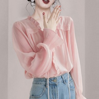 💖OELNG 夏季襯衫 夏季襯衣女 法式溫柔風荷葉邊長袖雪紡襯衫春季新款洋氣小衫寬松喇叭袖上衣女
