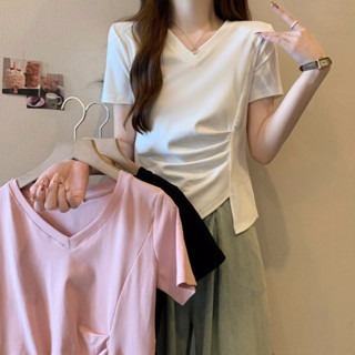 「NZN」 韓版夏季純色v領短袖t恤不規則下擺七分上衣