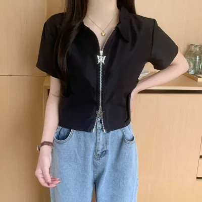 「NZN」 韓版時尚女式拉鍊露臍上衣性感修身短袖襯衫