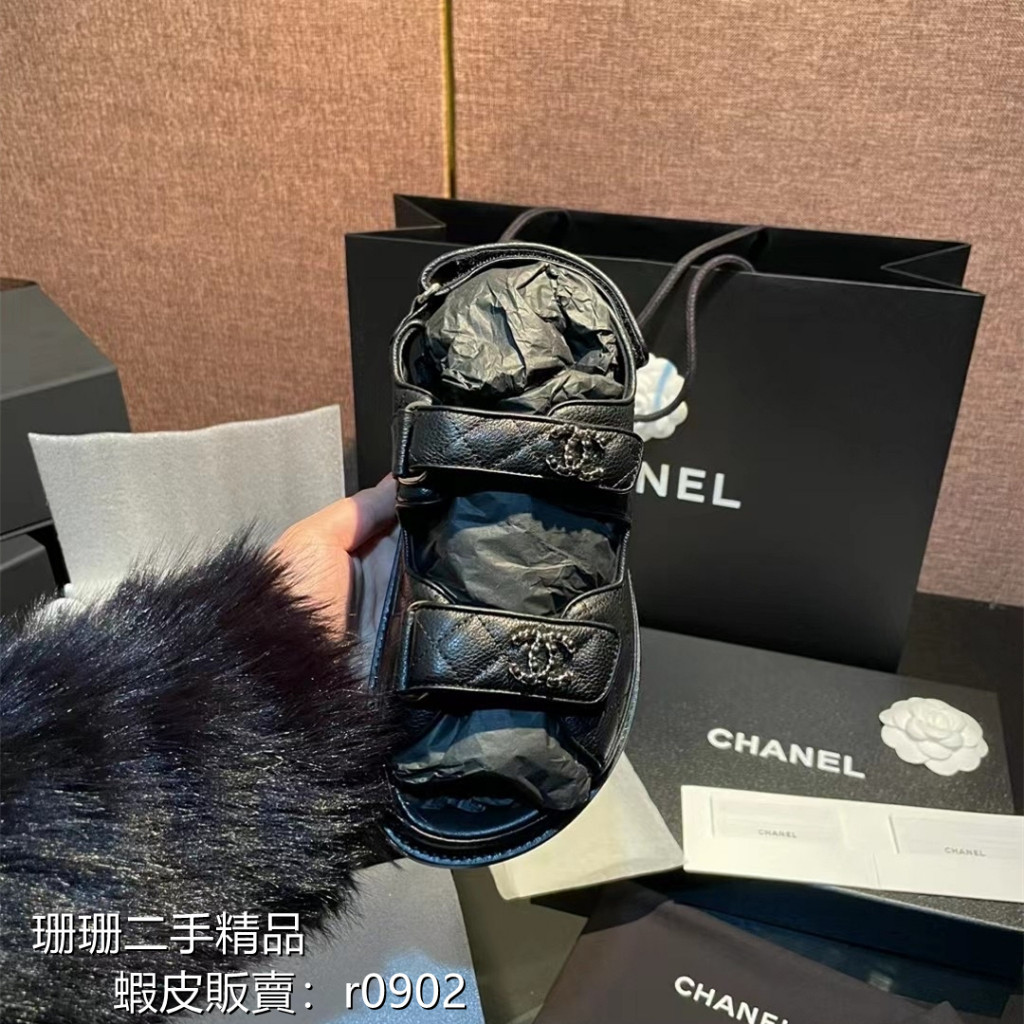 【二手精品】CHANEL香奈兒 女士 菱格 雙C 魔術貼 平底 凉鞋 黑色 拖鞋 G35927 免運實拍