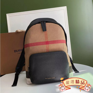 精品二手 BURBERRY（博柏利）Canvas 格紋棉麻拼接中性雙肩後背包 卡其色4033397