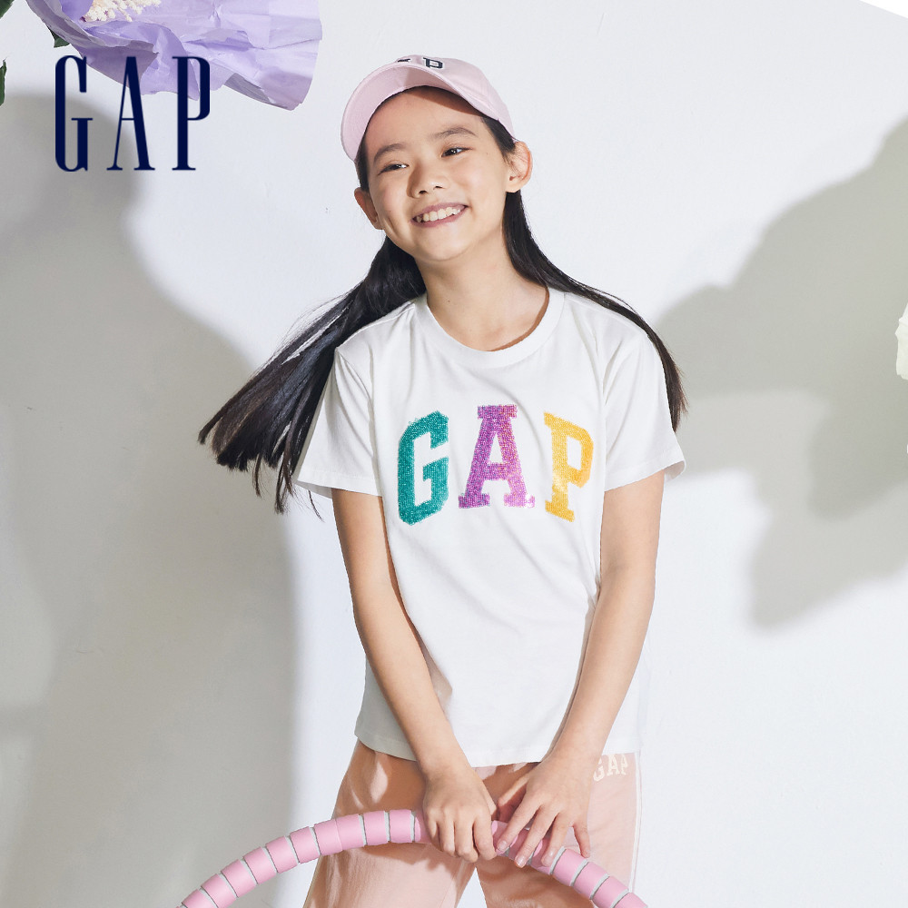 Gap 女童裝 Logo純棉趣味圓領短袖T恤-白色(890374)