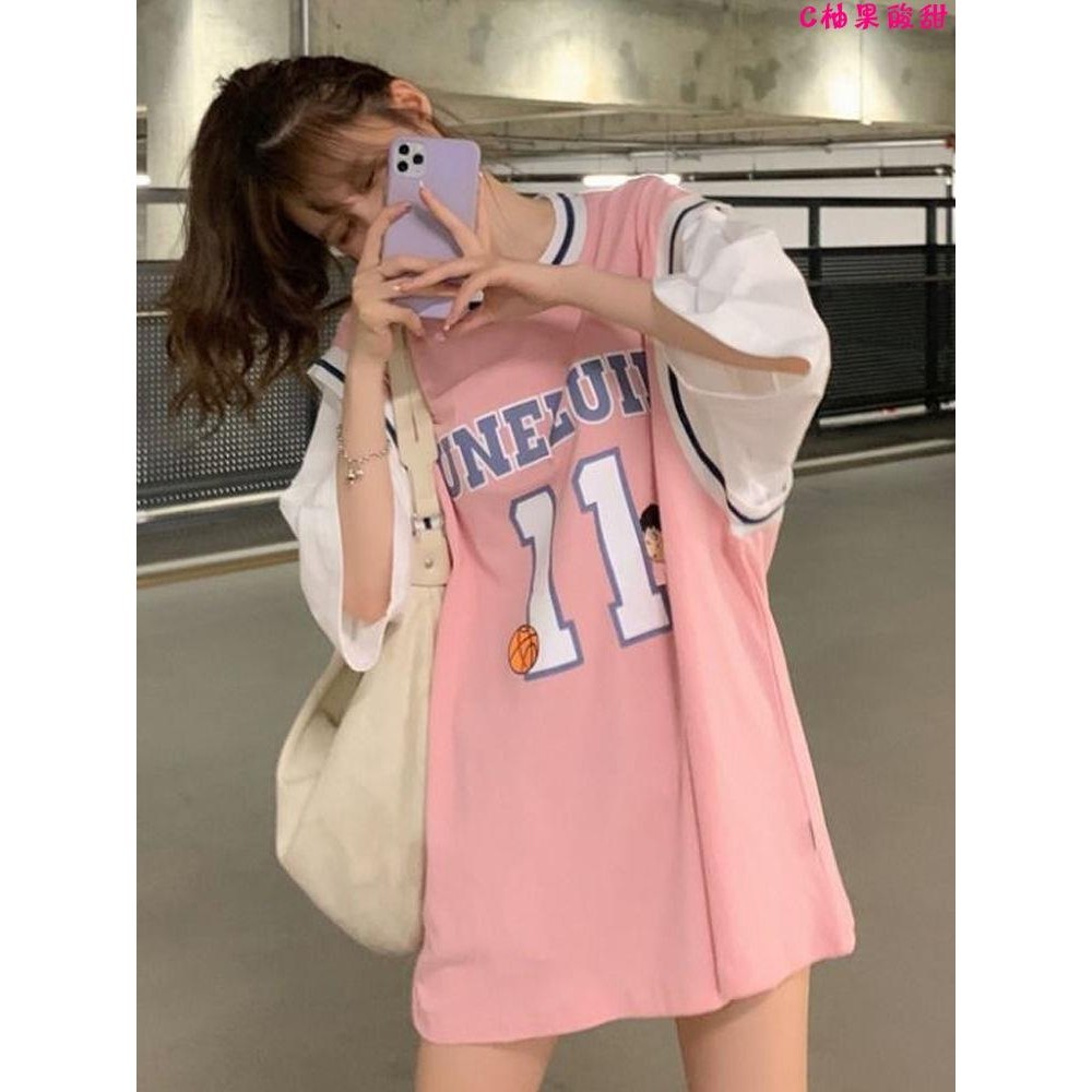 球衣🎀籃球服女假兩件t恤女球衣背心外穿純棉籃球衣短袖韓版粉色上衣
