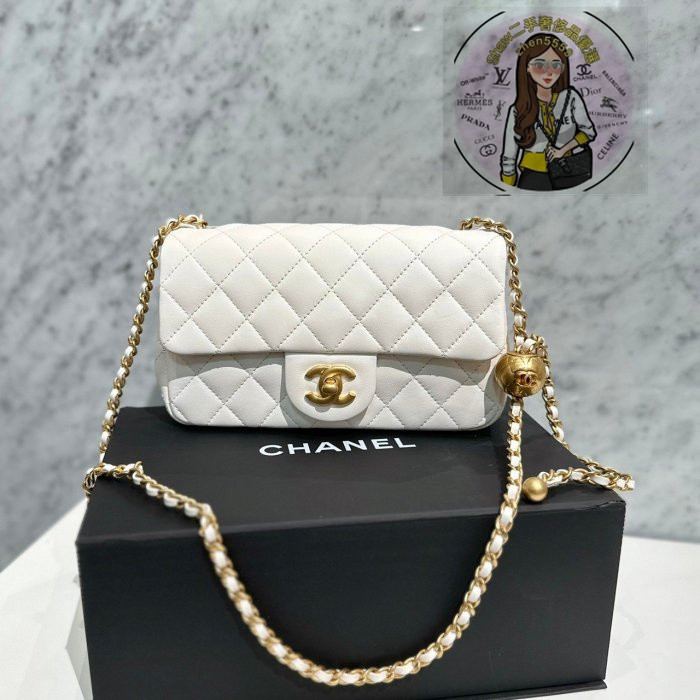 Shaw二手 CHANEL 白色 小羊皮 Mini coco 20 金球 口蓋包 AS1787 現貨